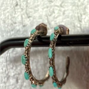 Zuni Needlepoint Turquoise Sterling Silver Hoops Signed